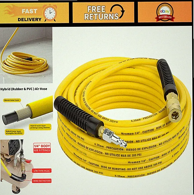 50ft Air Compressor Hose 1/4" Hybrid with Fittings, Quick Coupler & Plug Kit