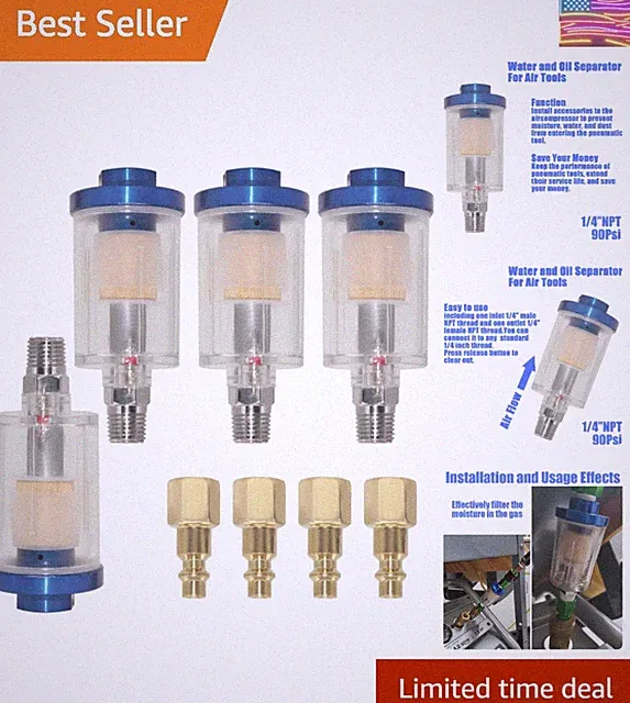 Oil Water Separator for Air Line, 1/4 Inch NPT Inlet and Outlet, Air Compress...